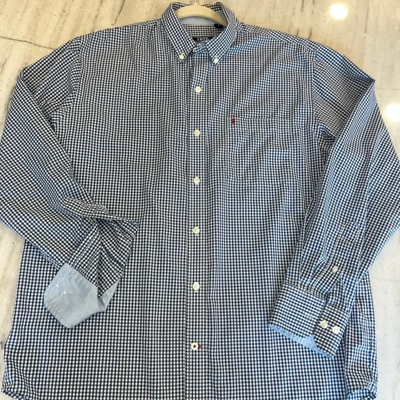 MENS IZOD LONG SLEEVE BUTTON DOWN NAVY BLUE GIHAM NON IRON WRINKLE FREE LARGE - Picture 4 of 7